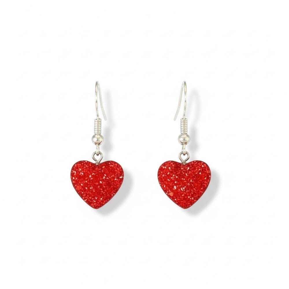 Red Heart Earrings with Red Crystal Embellishments - Sterling Silver